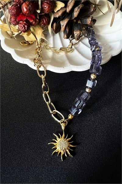 Sun Detail Purple Stone and Gold Chain Necklace