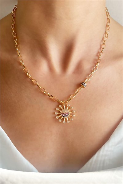 Sun Figure Colored Stone Gold Chain Necklace