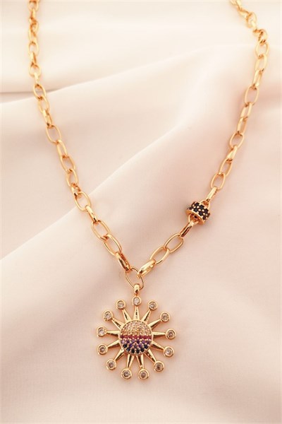 Sun Figure Colored Stone Gold Chain Necklace