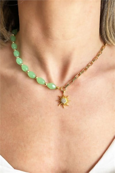Sun Winged Green Stone and Chain Necklace