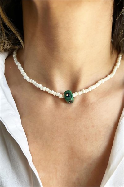 Khaki Nazar Bead White Necklace