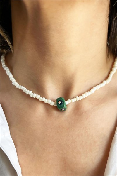 Khaki Nazar Bead White Necklace