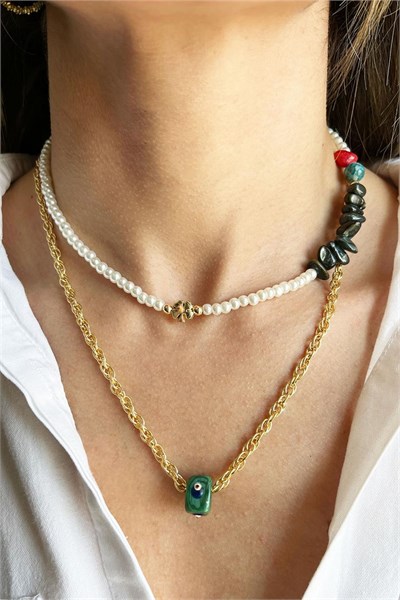 Khaki Nazar Bead Chain and Natural Broken Stone Double Chain Pearl Necklace
