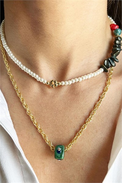 Khaki Nazar Bead Chain and Natural Broken Stone Double Chain Pearl Necklace
