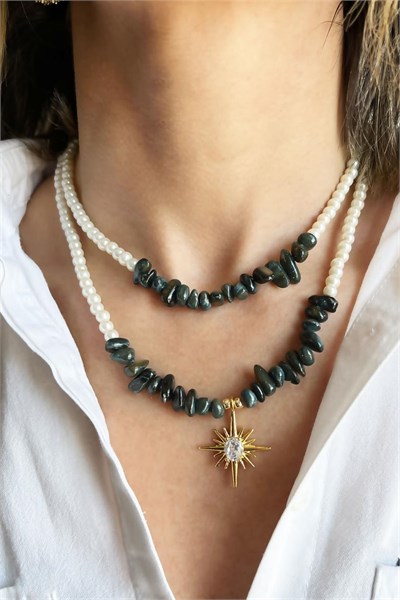 Khaki Colored Broken Natural Stone Polar Star Detail Double Pearl Necklace