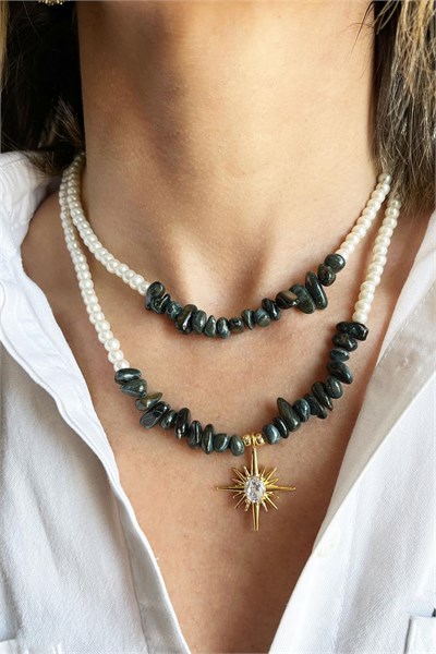 Khaki Colored Broken Natural Stone Polar Star Detail Double Pearl Necklace