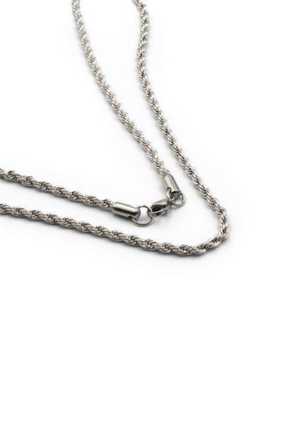 Men’s Rope-Chain Stainless Steel Necklace - Silver-Tone, 2 mm, Stylish Masculine Design