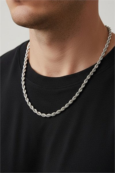 Men’s Rope-Chain Stainless Steel Necklace - Silver-Tone, 2 mm, Stylish Masculine Design