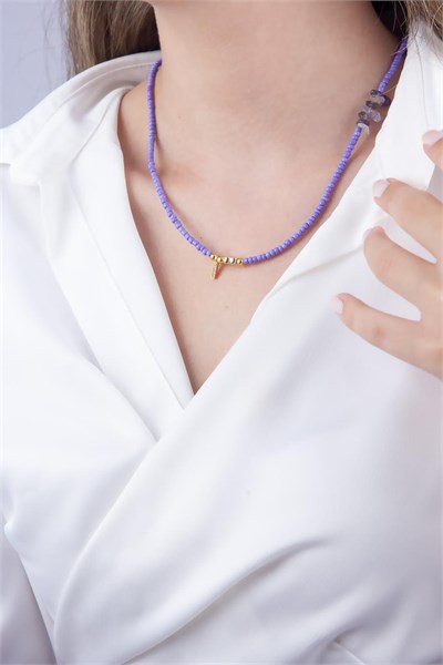 I Letter Lilac Bead Design Necklace