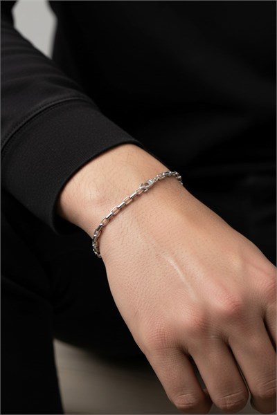 Men’s Slim Rectangular-Link Stainless Steel Chain Bracelet - Silver-Tone, 2 mm, Modern Design