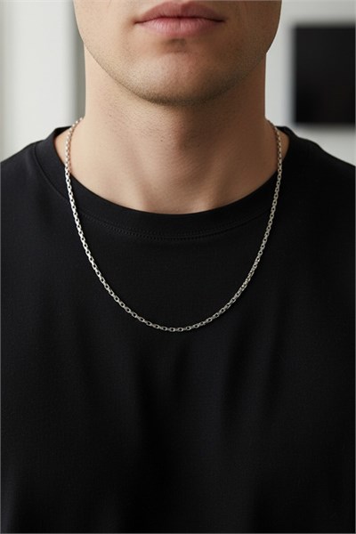 Men’s Slim Rectangular-Link Stainless Steel Chain Necklace - Silver-Tone, 55 cm, 2 mm, Tarnish-Resistant, Minimalist