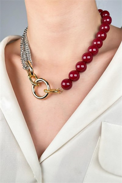 Statement Necklace with Pearl and Chain Details - Burgundy