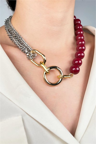 Statement Necklace with Pearl and Chain Details - Burgundy