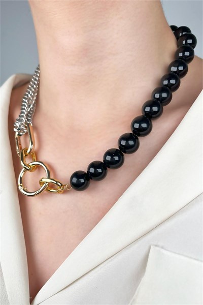 Pearl and Chain Detailed Design Necklace - Black
