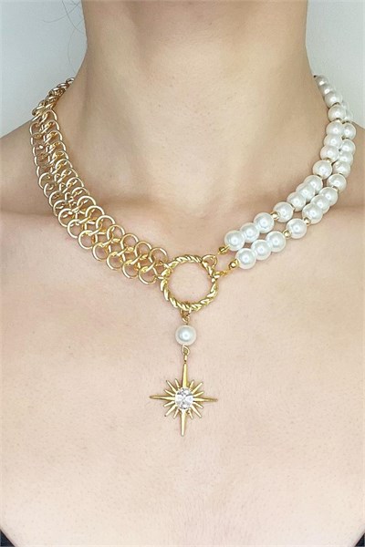 Pearl and Chain Design Polar Star Necklace