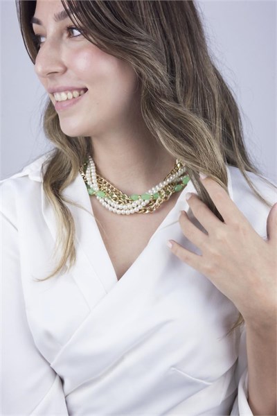 Pearl and Chain Green Beaded Spiral Necklace