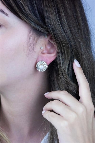 Pearl Zircon Stone Gold Earrings
