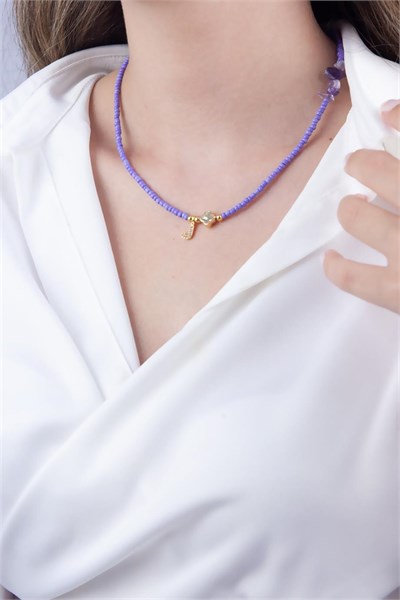 J Letter Lilac Bead Design Necklace