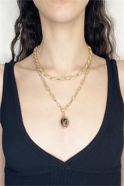 Brown Colored Stone Double Gold Necklace
