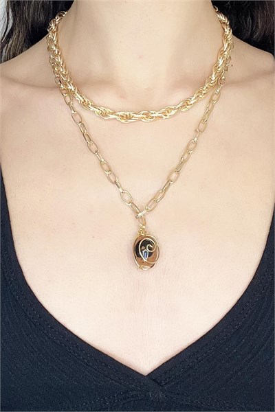 Brown Colored Stone Double Gold Necklace