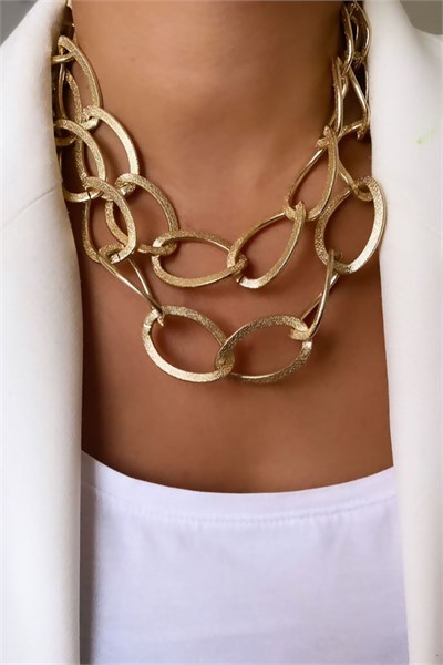 Thick Hoop Model Gold Colored Double Chain Necklace