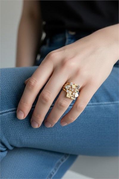 Heart-Geometric Adjustable Ring with Cubic Zirconia - Gold-Tone, Tarnish-Resistant & Hypoallergenic
