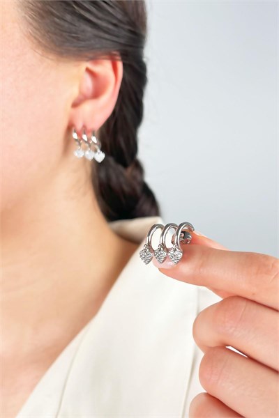 Heart Triple View Zircon Earrings - Silver