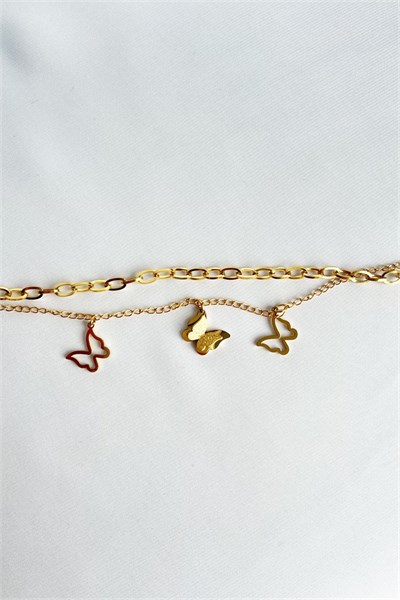 Butterfly Figure Gold Colored Double Stainless Steel Bracelet