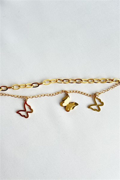 Butterfly Figure Gold Colored Double Stainless Steel Bracelet