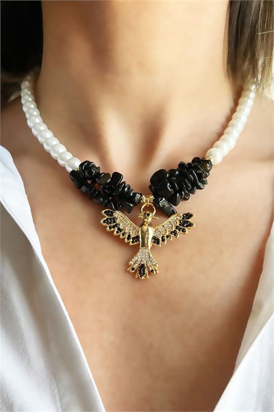 Broken Natural Stone Phoenix Detailed Pearl Necklace