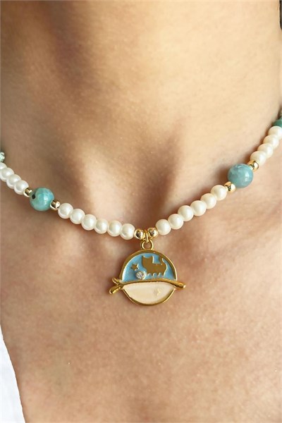 Natural Agate and Broken Stone Cat Detail Pearl Necklace