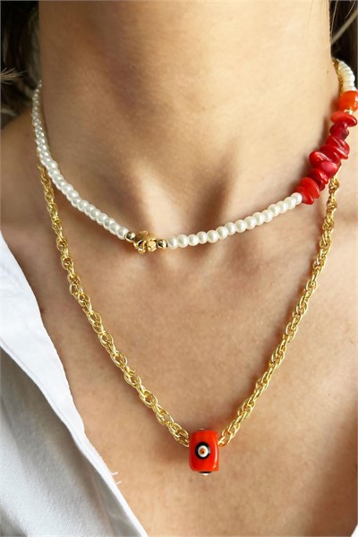 Red Nazar Bead Agate and Natural Broken Stone Double Chain Pearl Necklace