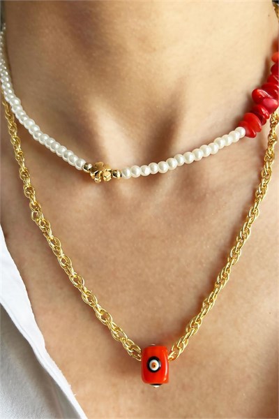 Red Nazar Bead Agate and Natural Broken Stone Double Chain Pearl Necklace