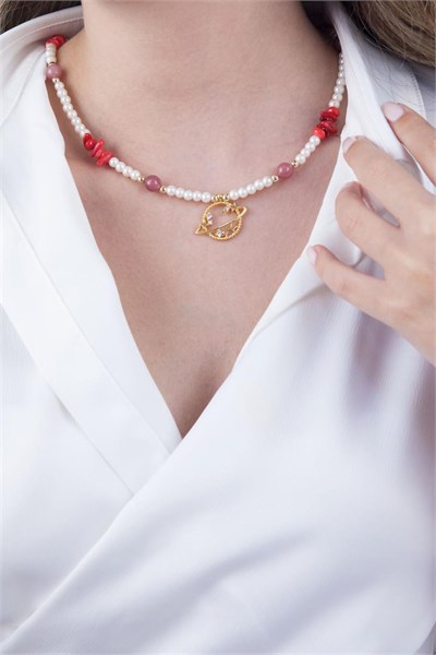 Red Natural Stone Pearl Saturn Necklace
