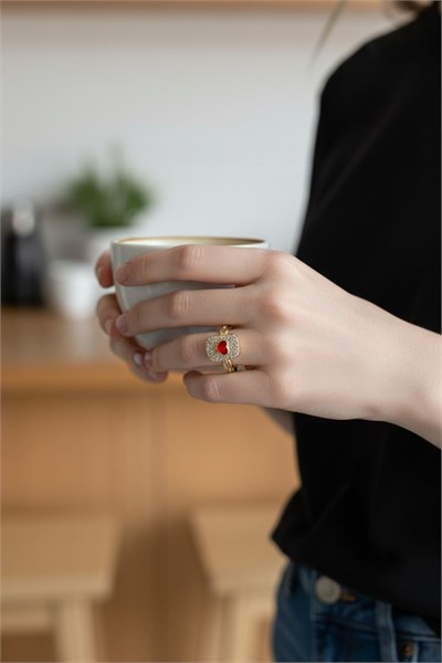 Red Heart Adjustable Ring with Cubic Zirconia - Gold-Tone, Tarnish-Resistant & Hypoallergenic