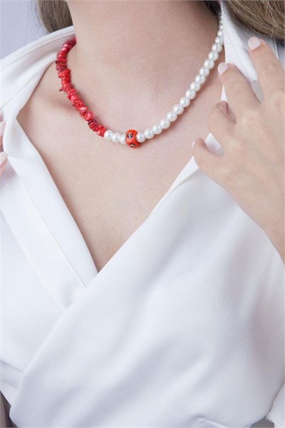 Red Nazar Bead Broken Stone and Pearl Necklace