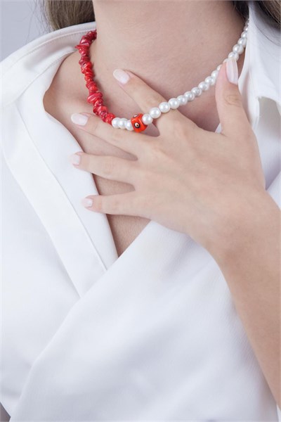 Red Nazar Bead Broken Stone and Pearl Necklace