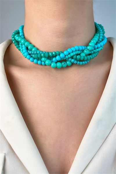 Crystal Bead Spiral Necklace - Turquoise