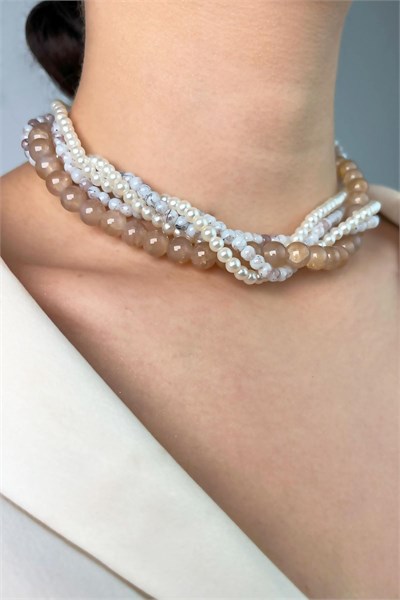 Crystal Bead and Pearl Spiral Necklace - White