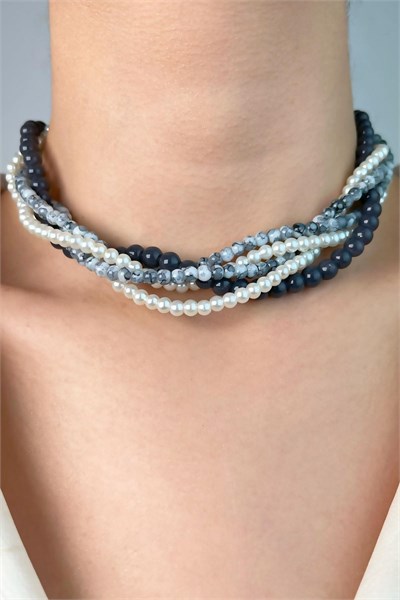 Crystal Bead and Pearl Spiral Necklace - Gray