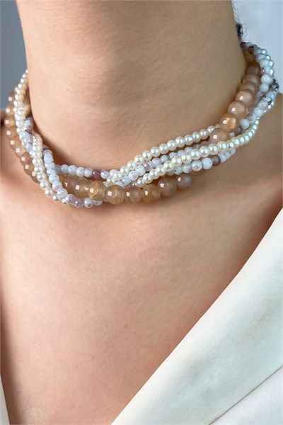 Crystal Bead and Pearl Spiral Necklace - White