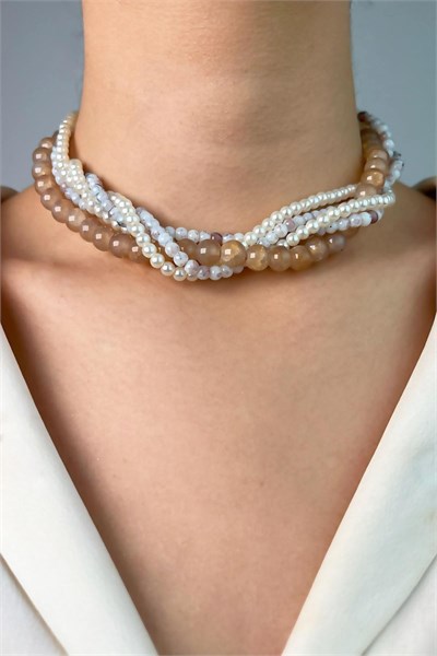 Crystal Bead and Pearl Spiral Necklace - White