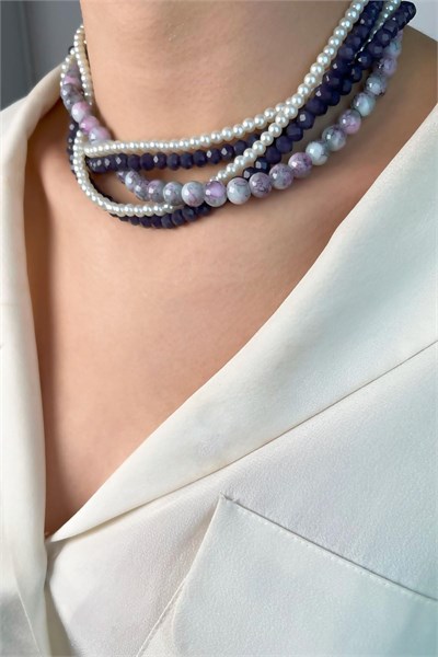 Crystal Bead and Pearl Spiral Necklace - Purple