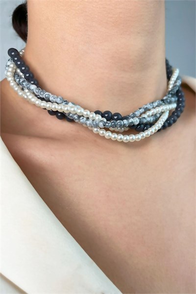 Crystal Bead and Pearl Spiral Necklace - Gray