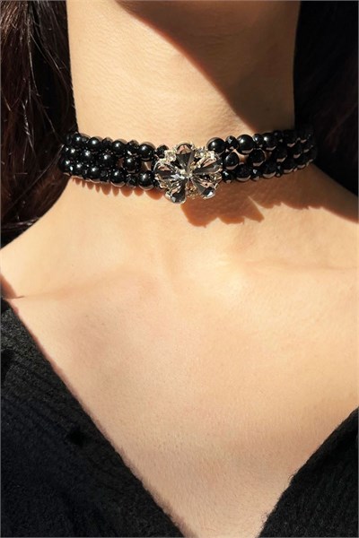 Crystal Flower Black Choker Pearl Necklace