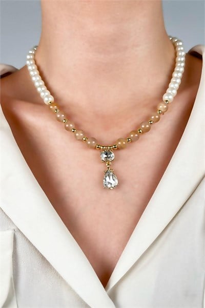 Crystal Stone Winged Pearl and Bead Necklace - Fawn