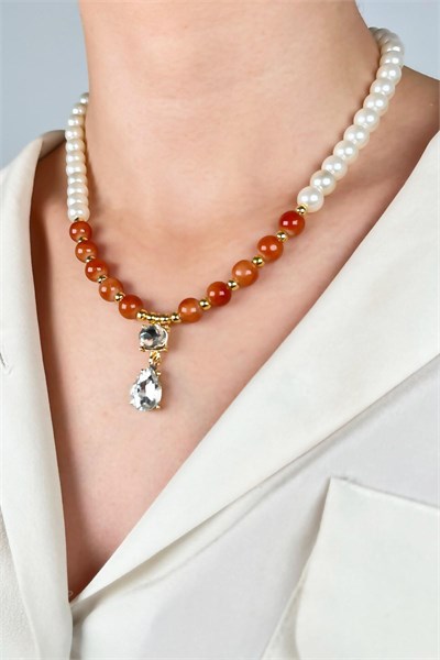 Crystal Stone Winged Pearl and Bead Necklace - Orange