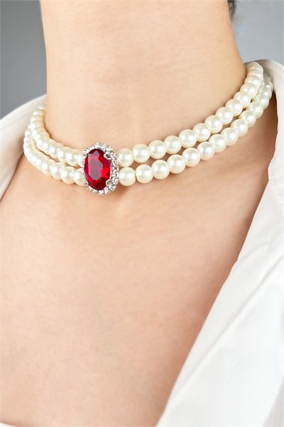 Crystal Winged Pearl Choker Necklace - Red
