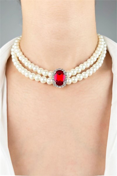Crystal Winged Pearl Choker Necklace - Red