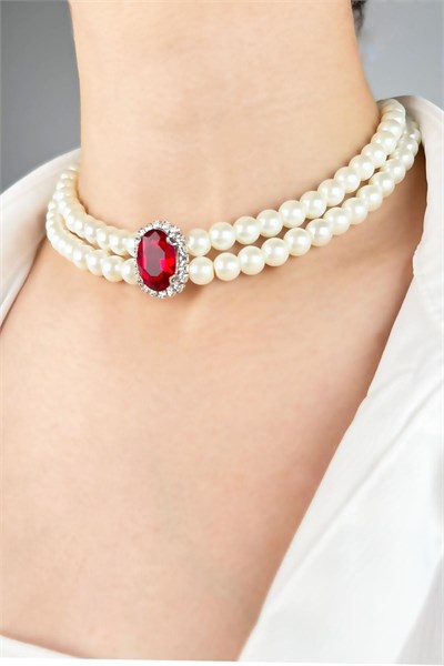 Crystal Winged Pearl Choker Necklace - Red